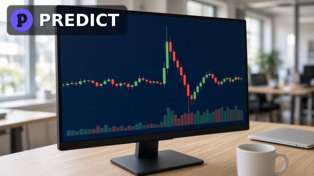 İşlem ekranında dar bir bantta ilerleyen yeşil ve kırmızı PREDICT mumları ile hacim çubukları, köşede Predict.fun logosu, Binance PREDICT spot listelemesi için temsili görsel