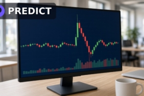 Binance PREDICT'i Spot'a Alıyor: TRY Paritesi ve Seed Etiketi 7 İşlem ekranında dar bir bantta ilerleyen yeşil ve kırmızı PREDICT mumları ile hacim çubukları, köşede Predict.fun logosu, Binance PREDICT spot listelemesi için temsili görsel