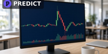 İşlem ekranında dar bir bantta ilerleyen yeşil ve kırmızı PREDICT mumları ile hacim çubukları, köşede Predict.fun logosu, Binance PREDICT spot listelemesi için temsili görsel