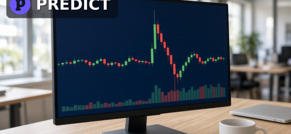 Binance PREDICT'i Spot'a Alıyor: TRY Paritesi ve Seed Etiketi 2 İşlem ekranında dar bir bantta ilerleyen yeşil ve kırmızı PREDICT mumları ile hacim çubukları, köşede Predict.fun logosu, Binance PREDICT spot listelemesi için temsili görsel