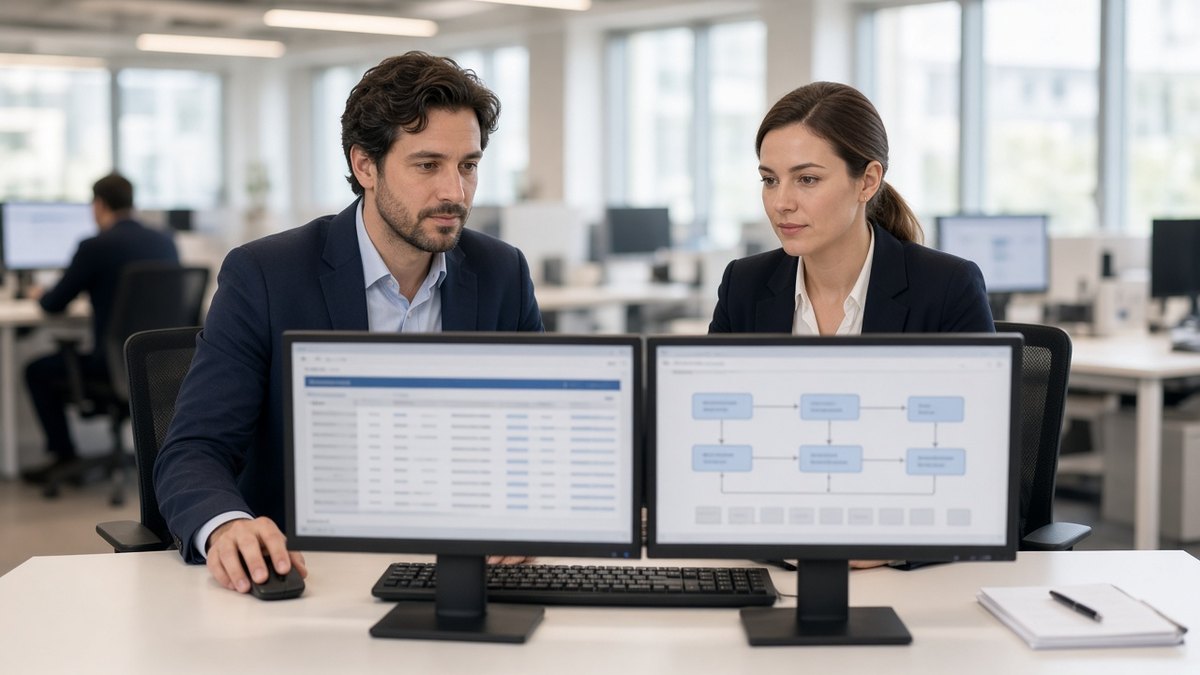 Banka işlem odasında iki ekranda ödeme akışlarını takip eden çalışanlar, Quant Overledger ile bankalar arası takas için temsili görsel