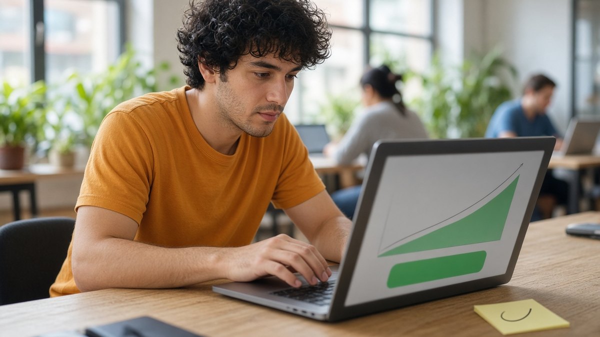 Ortak çalışma alanında dizüstü ekranındaki bulanık yükselen eğri grafiğine bakarak yeni token lansmanını hazırlayan girişimci, Raydium LaunchLab ve RAY için temsili görsel