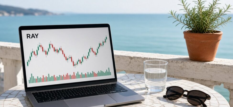 Raydium (RAY) Nedir? Geri Alım, LaunchLab ve Arz Durumu 9 Sabah deniz kenarındaki balkon masasında dizüstü ekranında RAY mum grafiği ve hacim çubukları, Raydium için temsili görsel