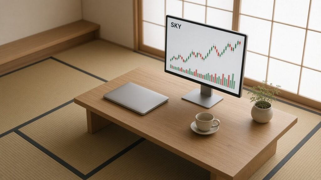 Japon tarzı sade odada alçak ahşap masadaki monitörde SKY mum grafiği ve hacim çubukları, Sky için temsili görsel