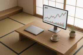 Japon tarzı sade odada alçak ahşap masadaki monitörde SKY mum grafiği ve hacim çubukları, Sky için temsili görsel