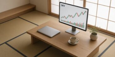 Sky (SKY) Nedir? MakerDAO’dan Sky’a USDS, Geri Alım ve Yakım 6 Japon tarzı sade odada alçak ahşap masadaki monitörde SKY mum grafiği ve hacim çubukları, Sky için temsili görsel
