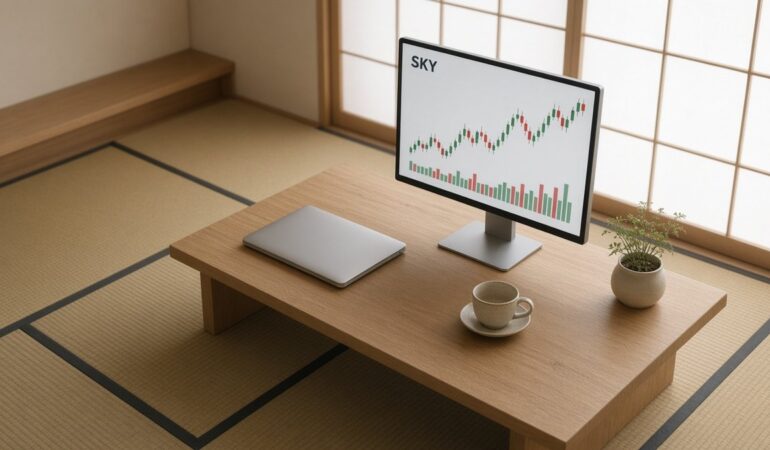 Japon tarzı sade odada alçak ahşap masadaki monitörde SKY mum grafiği ve hacim çubukları, Sky için temsili görsel