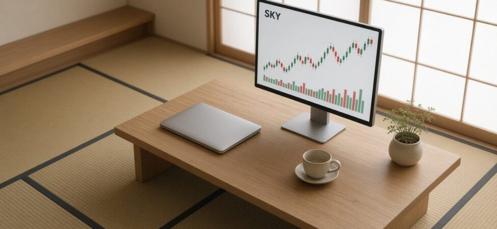 Japon tarzı sade odada alçak ahşap masadaki monitörde SKY mum grafiği ve hacim çubukları, Sky için temsili görsel