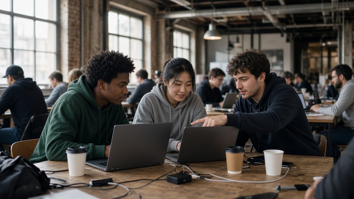 Bir hackathon salonunda dizüstü bilgisayarlarıyla birlikte çalışan genç yazılımcılar, Solana geliştirici ekosistemi için temsili görsel