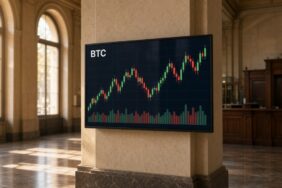 Almanya’da Sparkasse’ler Kripto Alım Satımına Başladı 23 Bir banka şubesinin taş sütununa monte edilmiş ekranda BTC mum grafiği ve hacim çubukları, Sparkasse kripto hizmeti için temsili görsel