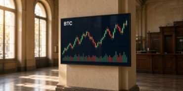 Almanya’da Sparkasse’ler Kripto Alım Satımına Başladı 4 Bir banka şubesinin taş sütununa monte edilmiş ekranda BTC mum grafiği ve hacim çubukları, Sparkasse kripto hizmeti için temsili görsel