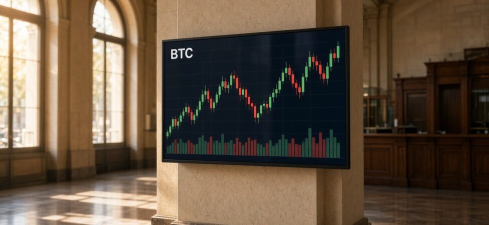 Almanya’da Sparkasse’ler Kripto Alım Satımına Başladı 11 Bir banka şubesinin taş sütununa monte edilmiş ekranda BTC mum grafiği ve hacim çubukları, Sparkasse kripto hizmeti için temsili görsel