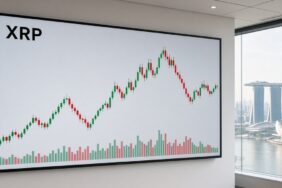 Malezya ve Tayland, Singapur’un BLOOM Stablecoin Ağına Girdi 35 Singapur Marina Bay manzaralı bir ofiste duvar ekranında XRP yazılı, yeşil ve kırmızı mumlar ile hacim çubukları gösteren grafik; BLOOM Stablecoin girişimi haberi için temsili görsel