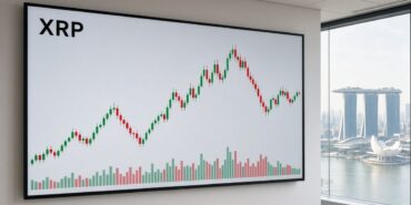 Malezya ve Tayland, Singapur’un BLOOM Stablecoin Ağına Girdi 3 Singapur Marina Bay manzaralı bir ofiste duvar ekranında XRP yazılı, yeşil ve kırmızı mumlar ile hacim çubukları gösteren grafik; BLOOM Stablecoin girişimi haberi için temsili görsel
