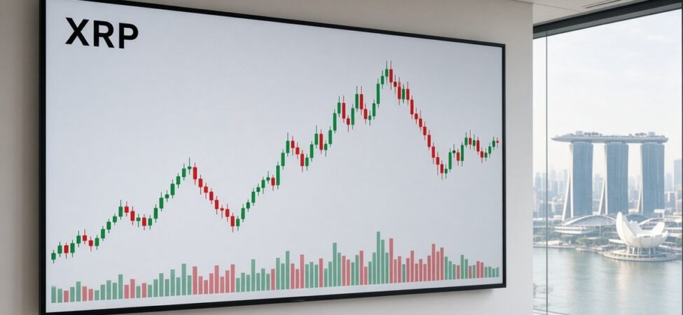 Malezya ve Tayland, Singapur’un BLOOM Stablecoin Ağına Girdi 7 Singapur Marina Bay manzaralı bir ofiste duvar ekranında XRP yazılı, yeşil ve kırmızı mumlar ile hacim çubukları gösteren grafik; BLOOM Stablecoin girişimi haberi için temsili görsel