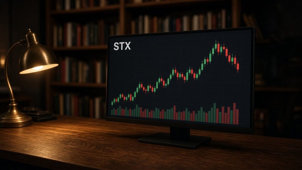 Gece koyu ahşap masada pirinç masa lambasının aydınlattığı monitörde STX mum grafiği ve hacim çubukları, Stacks için temsili görsel
