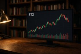 Stacks (STX) Nedir? Bitcoin Staking, sBTC ve Arz Takvimi 35 Gece koyu ahşap masada pirinç masa lambasının aydınlattığı monitörde STX mum grafiği ve hacim çubukları, Stacks için temsili görsel