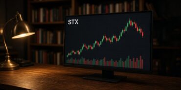 Gece koyu ahşap masada pirinç masa lambasının aydınlattığı monitörde STX mum grafiği ve hacim çubukları, Stacks için temsili görsel