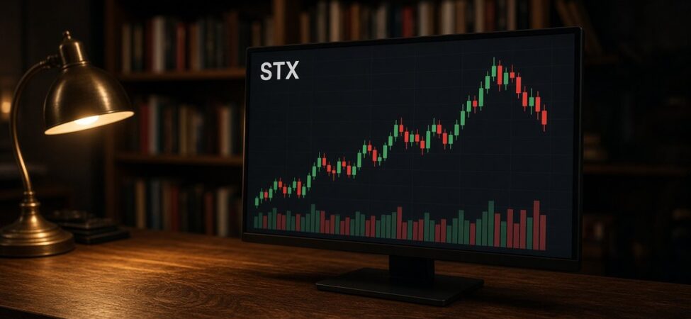 Gece koyu ahşap masada pirinç masa lambasının aydınlattığı monitörde STX mum grafiği ve hacim çubukları, Stacks için temsili görsel