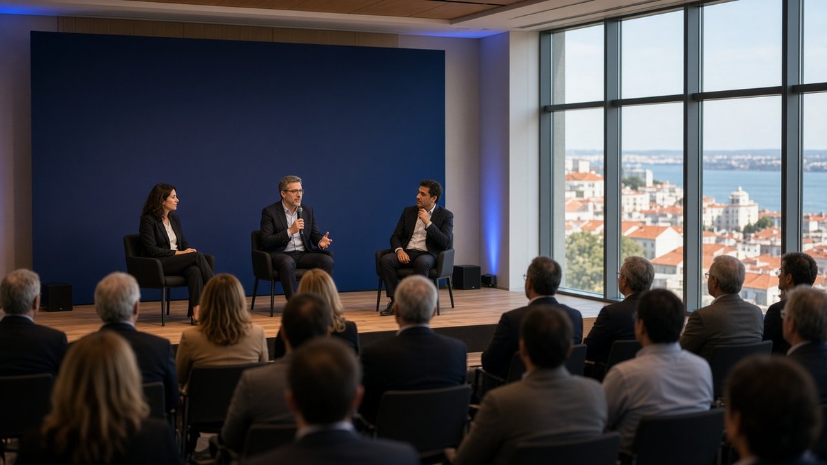 Kripto Kulisleri 29 Ekim: DTCC Canlıda, Stellar’a Securitize 2 Lizbon’da bir blokzincir konferansında sahnede tokenizasyon panelini dinleyen katılımcılar, Stellar Meridian ve kripto kulisleri için temsili görsel