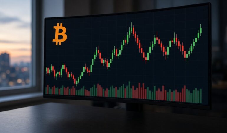 Strategy Bitcoin alım haberi temsili görsel: mum grafikli işlem ekranı ve BTC sembolü