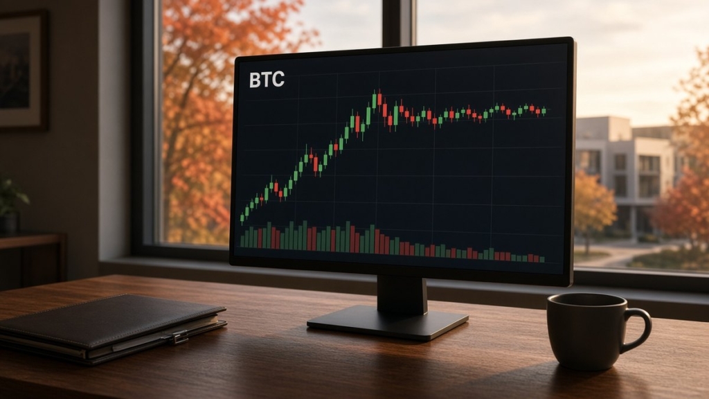 Kurumsal bir hazine ofisinde ekranda yükselişten yatay seyre geçen BTC mum grafiği ve hacim çubukları, Strategy bitcoin alım arası haberi için temsili görsel