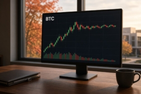Kurumsal bir hazine ofisinde ekranda yükselişten yatay seyre geçen BTC mum grafiği ve hacim çubukları, Strategy bitcoin alım arası haberi için temsili görsel