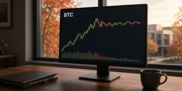 Kurumsal bir hazine ofisinde ekranda yükselişten yatay seyre geçen BTC mum grafiği ve hacim çubukları, Strategy bitcoin alım arası haberi için temsili görsel