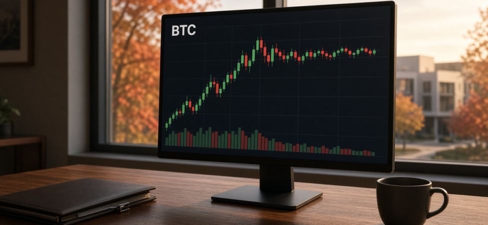 Kurumsal bir hazine ofisinde ekranda yükselişten yatay seyre geçen BTC mum grafiği ve hacim çubukları, Strategy bitcoin alım arası haberi için temsili görsel