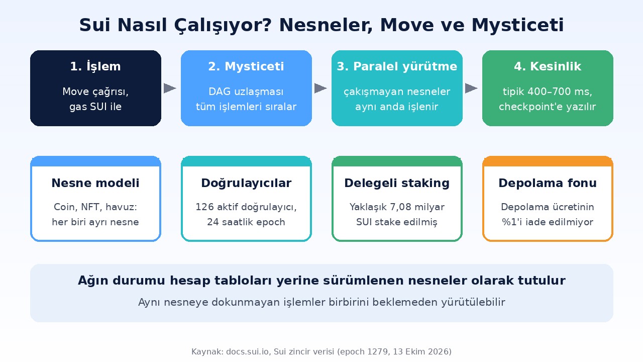 Sui nasıl çalışıyor: Move işlemi, Mysticeti uzlaşması, paralel yürütme, doğrulayıcılar, staking ve depolama fonu