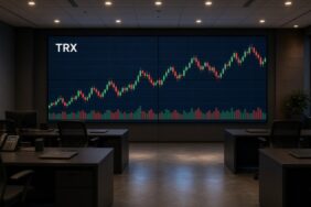 Tron (TRX) Nedir? USDT Ağı, Süper Temsilciler ve Arz 20 Akşam saatinde bir ödeme operasyon odasındaki 2x2 video duvarında TRX mum grafiği ve hacim çubukları, Tron için temsili görsel