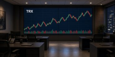 Akşam saatinde bir ödeme operasyon odasındaki 2x2 video duvarında TRX mum grafiği ve hacim çubukları, Tron için temsili görsel