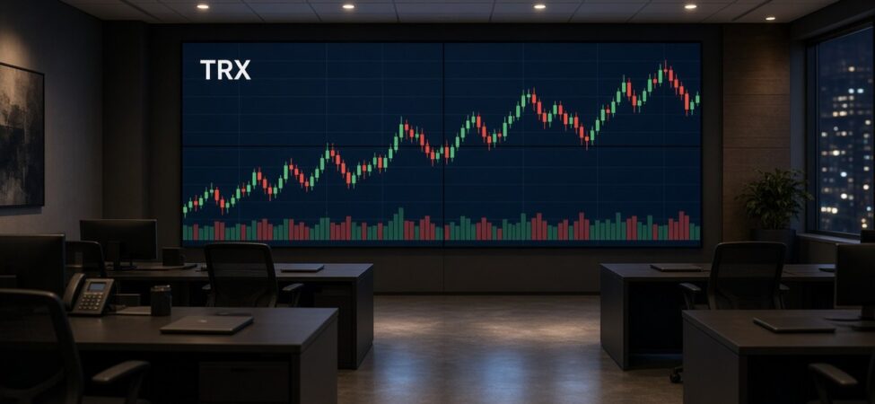 Tron (TRX) Nedir? USDT Ağı, Süper Temsilciler ve Arz 8 Akşam saatinde bir ödeme operasyon odasındaki 2x2 video duvarında TRX mum grafiği ve hacim çubukları, Tron için temsili görsel