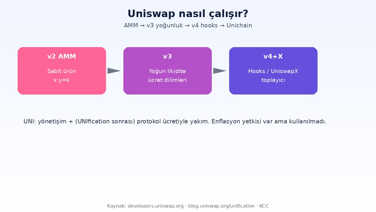Uniswap (UNI) Nedir? Ücret Yakımı, UNIfication ve Çeyreklik Bütçe 1 Uniswap nasıl çalışır: v2 AMM, v3 yoğun likidite, v4 hooks ve UniswapX