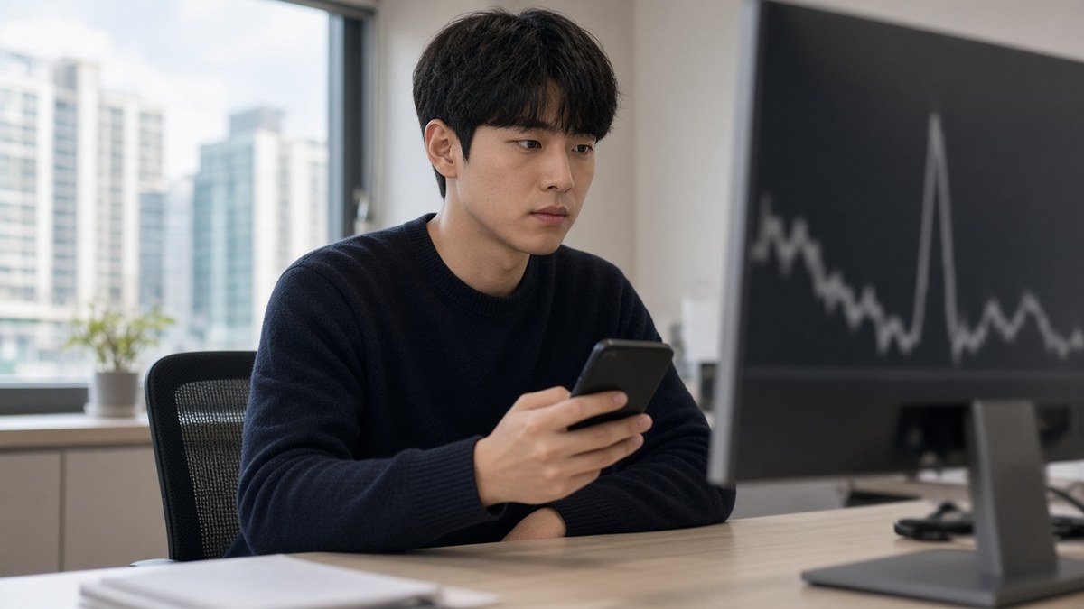 Seul’de bir ofiste telefonu ve monitördeki ani yükselen grafiği izleyen Koreli yatırımcı, Upbit’in BMT won piyasası listelemesi ve kripto kulisleri için temsili görsel