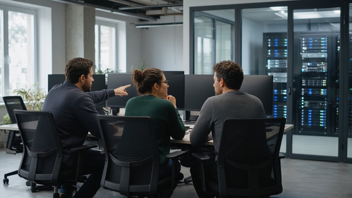 VeChain (VET) Nedir? Hayabusa, VTHO ve Sabit Arz Modeli 1 Ofiste sunucu izleme ekranları başında çalışan küçük teknik ekip, VeChain doğrulayıcı düğümleri ve staking için temsili görsel