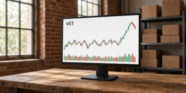 Tuğla duvarlı depo ofisinde ahşap masadaki açık temalı monitörde VET mum grafiği ve hacim çubukları, VeChain için temsili görsel