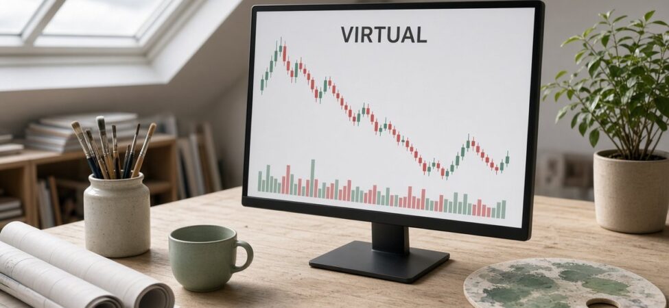 Virtuals Protocol (VIRTUAL) Nedir? ACP, Hazine ve Arz Planı 8 Çatı pencereli sanat atölyesinde ahşap masadaki monitörde VIRTUAL mum grafiği ve hacim çubukları, Virtuals Protocol için temsili görsel