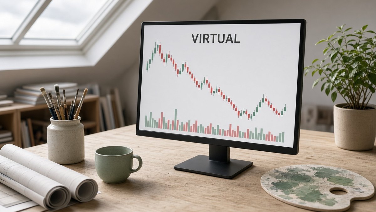 Çatı pencereli sanat atölyesinde ahşap masadaki monitörde VIRTUAL mum grafiği ve hacim çubukları, Virtuals Protocol için temsili görsel