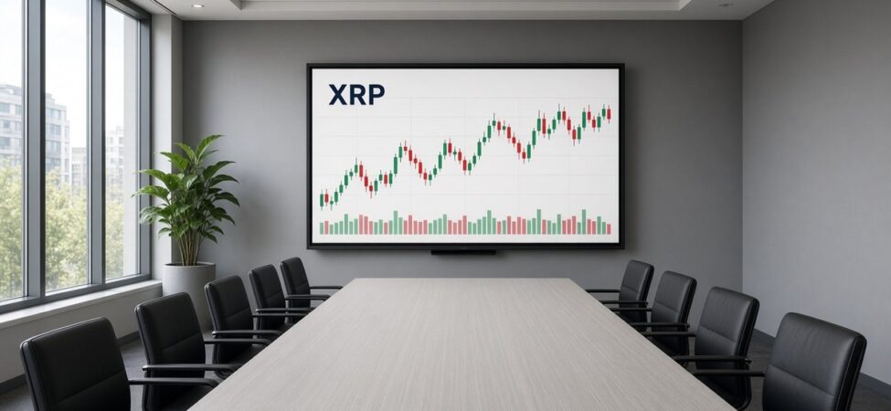 XRP Nedir? Escrow Takvimi, XRP Ledger, Ripple ve ETF’ler 23 Boş bir toplantı odasının duvar ekranında açık temalı XRP mum grafiği ve hacim çubukları, XRP için temsili görsel