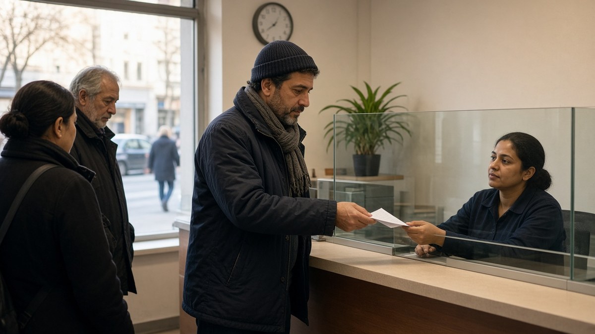 Şehir merkezindeki bir para transferi ofisinde gişe görevlisiyle işlem yapan müşteri, XRP ve sınır ötesi ödemeler için temsili görsel