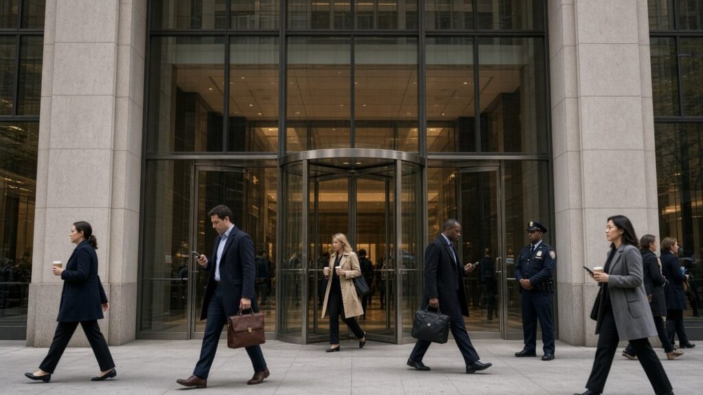 Manhattan finans bölgesinde büyük bir banka genel merkezinin girişinden geçen çalışanlar, ABD bankalarının yapay zeka ajanları için aldığı erişim önlemlerine dair temsili görsel