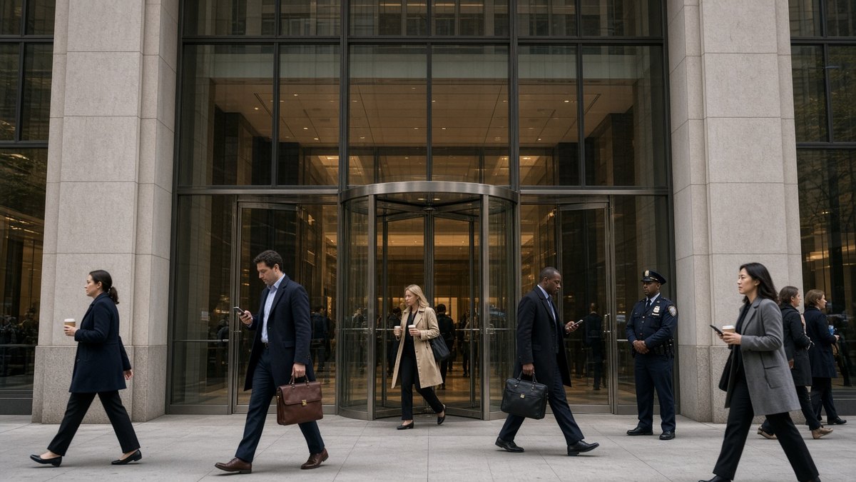 Manhattan finans bölgesinde büyük bir banka genel merkezinin girişinden geçen çalışanlar, ABD bankalarının yapay zeka ajanları için aldığı erişim önlemlerine dair temsili görsel