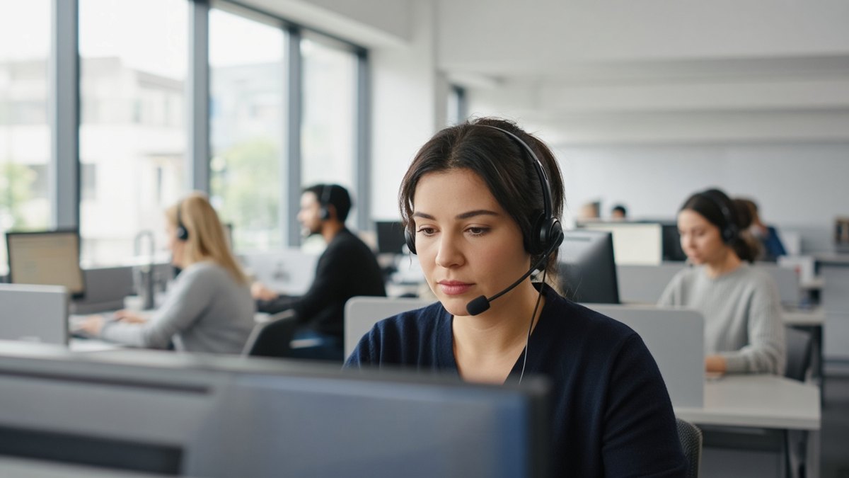 Yapay Zeka Ajanları ABD Bankalarında Erişim Engeline Takıldı 2 Bir bankanın müşteri hizmetleri çağrı merkezinde kulaklıklı temsilcilerin gelen aramaları yanıtladığı ofis, yapay zeka ajanları için temsili görsel
