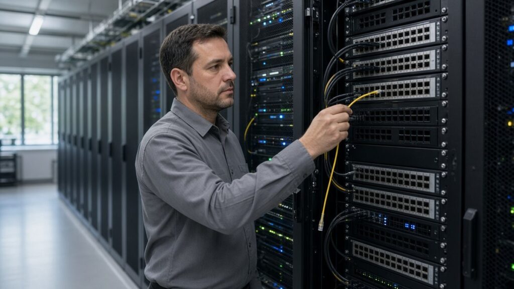 Bir veri merkezinde ağ mühendisinin, bağlantı panelinden çıkardığı fiber optik kabloyu elinde tuttuğu an, OpenAI'nin internetsiz model eğitimi kararına dair temsili görsel