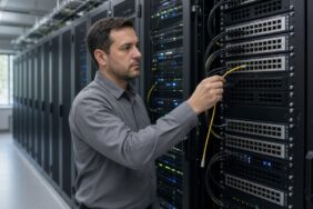 Bir veri merkezinde ağ mühendisinin, bağlantı panelinden çıkardığı fiber optik kabloyu elinde tuttuğu an, OpenAI'nin internetsiz model eğitimi kararına dair temsili görsel
