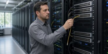 Bir veri merkezinde ağ mühendisinin, bağlantı panelinden çıkardığı fiber optik kabloyu elinde tuttuğu an, OpenAI'nin internetsiz model eğitimi kararına dair temsili görsel
