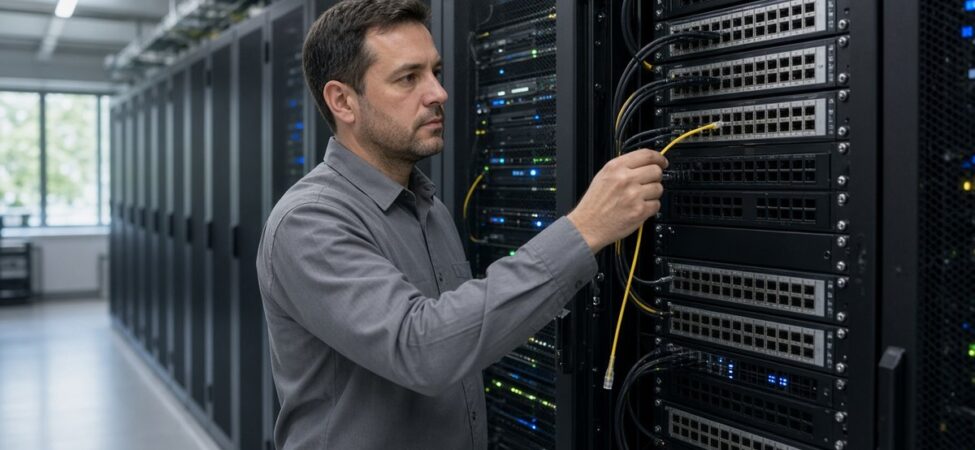 Yapay Zeka Model Güvenliği: OpenAI İnternetsiz Eğitime Geçti 7 Bir veri merkezinde ağ mühendisinin, bağlantı panelinden çıkardığı fiber optik kabloyu elinde tuttuğu an, OpenAI'nin internetsiz model eğitimi kararına dair temsili görsel