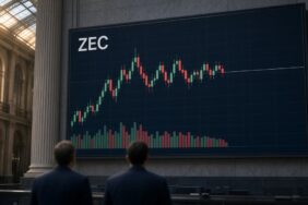 Zcash ETP Euronext’te İlk Gün Askıya Alındı, Aynı Gün Açıldı 46 Bir Avrupa borsa salonundaki büyük ekranda ZEC yazılı mum grafiğinin son yeşil ve kırmızı mumlardan sonra durduğu ve hacim çubuklarının kesildiği an, ilk gün askıya alınan CoinShares Zcash ETP için temsili görsel