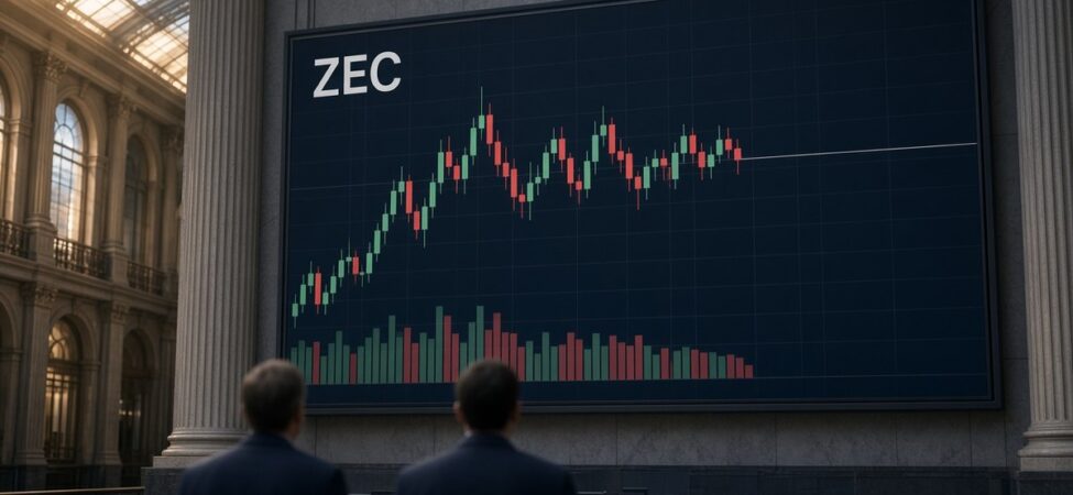 Zcash ETP Euronext’te İlk Gün Askıya Alındı, Aynı Gün Açıldı 9 Bir Avrupa borsa salonundaki büyük ekranda ZEC yazılı mum grafiğinin son yeşil ve kırmızı mumlardan sonra durduğu ve hacim çubuklarının kesildiği an, ilk gün askıya alınan CoinShares Zcash ETP için temsili görsel